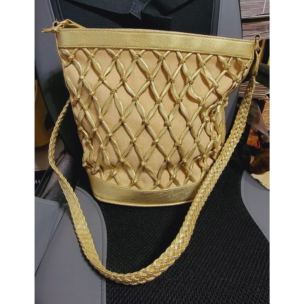Vintage Tianni Shiny Metallic Gold Bucket Purse Handbag Long Strap, Woven